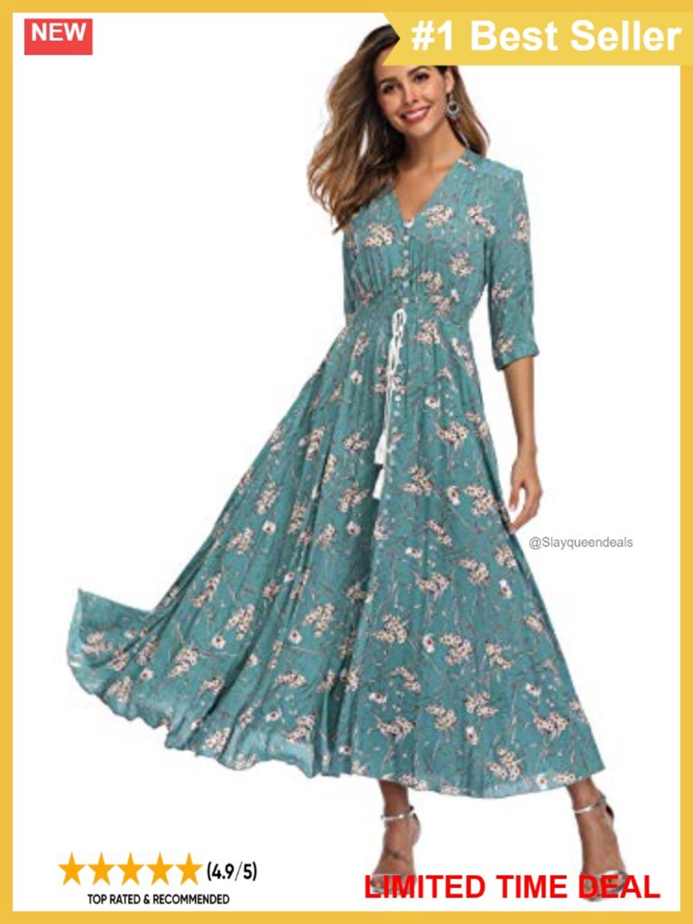 Floral Maxi Dress V-Neck Half Sleeve Boho Flowy Split Women's